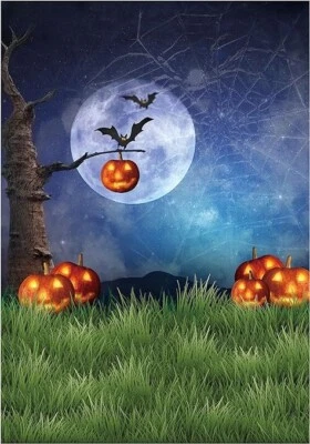 Telón de fondo de vinilo impreso calabaza murciélagos lunares de Halloween de 7x5 pies Foto 1 de 2