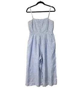 J Crew Linen Crop Jumpsuit Blue White Stripe Nautical Size 8 Sleeveless Pockets - Picture 1 of 12
