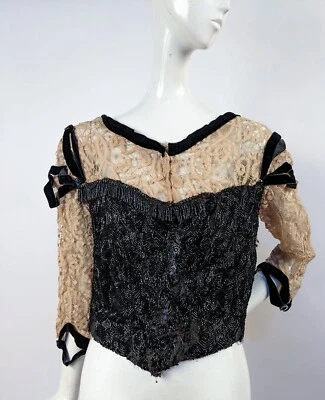 CHAQUETA VICTORIANA DE ENCAJE BATTENBURG HECHA A MANO DEL SIGLO XIX CON CUENTAS DE CHORRO PESADO Foto 1 de 4