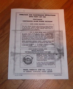 SEARS CRAFTSMAN CONTINUOUS BLADE POWER HACKSAW OWNERS MANUAL 108.22920 22920 - Picture 1 of 1