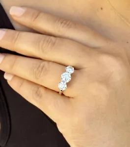 Round Simulated Diamond Engagement Ring Three Stone 14K Solid Yellow Gold 2.00ct - Picture 1 of 18