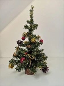 Vintage Mini Christmas Tree 38cm Yellow Tinsel Red Berries Acorns Wooden Base - Picture 1 of 10