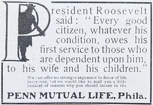 Cotización del presidente Teddy Roosevelt para Penn Mutual Life Insurance Co 1905 anuncio impreso - Imagen 1 de 2