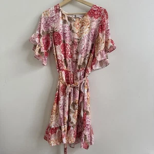Portman's Floral Dress Short Sleeved Flutter Dress Size 10-12 Wrap Style Tie - Picture 1 of 4