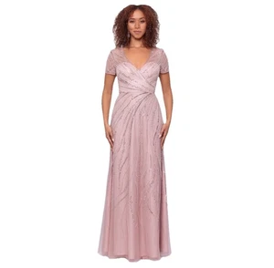 Xscape Rouge Kurzarm Perlen Netz V-Ausschnitt A-Linie Kleid Gr. 4 Neu mit Etikett UVP $ 378 - Bild 1 von 12