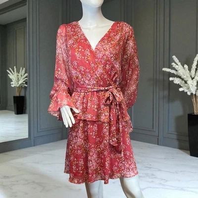 LaurenConrad Women's XL Pink Floral Chiffon Dress Belted V-Neck Ruffle Hem - Image 1 of 3