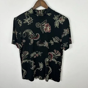 Kathy Ireland Top L Black Floral Paisley Mock Neck Stretch Retro Y2K Boho Career - Picture 1 of 7