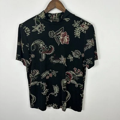 Kathy Ireland Top L Black Floral Paisley Mock Neck Stretch Retro Y2K Boho Career - Image 1 of 4