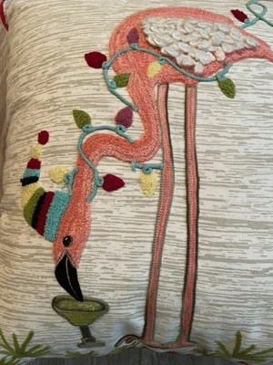 "Almohada Flamingo Margarita Acento Rosa Chenilla Bordada Algodón 18 X 16""" Foto 1 de 4