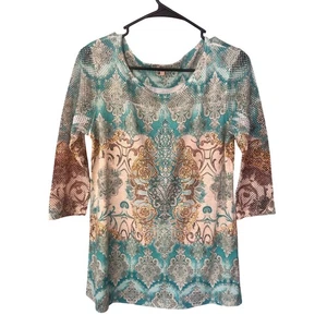 Camicia top Reba impreziosita strass maglia maniche teal tan donna media - Foto 1 di 5