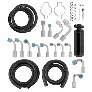 Universal 134a Air Conditioner AC Hose Kit R-Ring Fittings Drier crimp type - Picture 1 of 14
