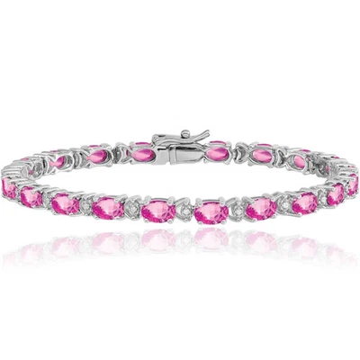 Brazalete de tenis de diamantes con zafiro rosa ovalado de laboratorio de oro blanco macizo de 14K Foto 1 de 4
