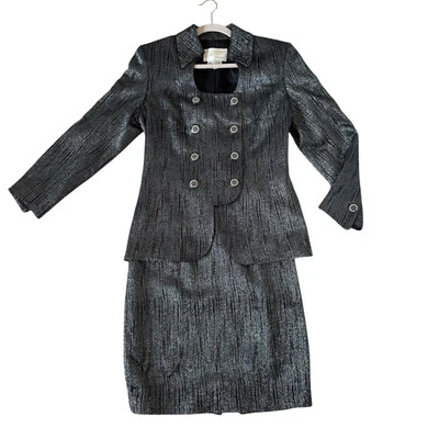 Conjunto de Traje Blazer Falda Metálica Negra/Plateada Rickie Freeman Para TJ Nites Talla 14 Foto 1 de 4