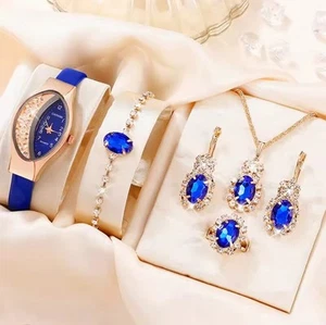 6 teilig Damen Schmuck Set Armband Uhr Halskette Ohrringe Ring blaue Glas Steine - Bild 1 von 7