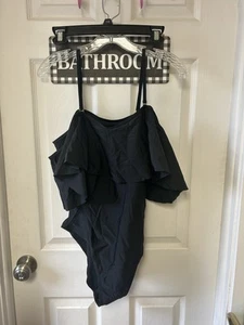 NWT Women’s One Piece Black Bathing Suit, Ruffle, Off Shoulder, Sz XL - Picture 1 of 3