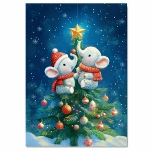 Baby Elephants Christmas Tree Wall Print Flat Rolled, Framed or Wrapped Canvas - Picture 1 of 19