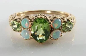 9CT 9K GOLD PERiDOT OPAL ART DECO INS LARGE Half Hoop RING FREE RESIZE - Picture 1 of 5