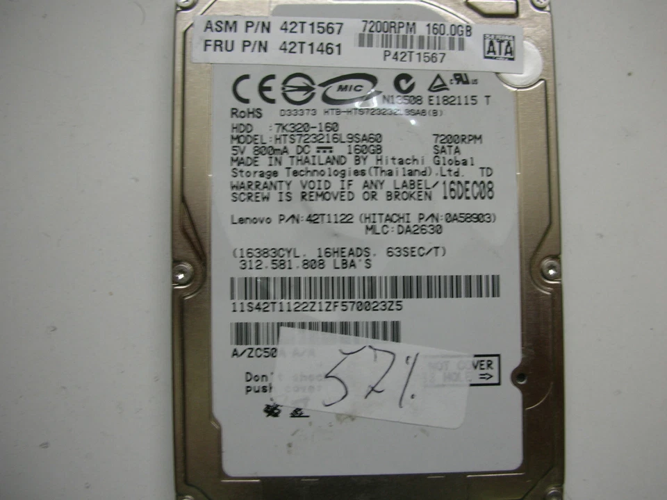 (BC) Hitachi 160gb HTS723216L9SA60 220 0A90121 01 2.5 25 2 5 HDD SATA Hard Disk - Image 1 of 1