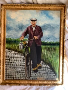 Vintage Ölgemälde Herr mit Fahrrad Original Kunst - Bild 1 von 7