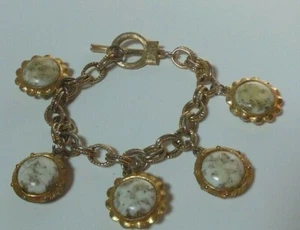 Bracciale Vintage Tono Oro Marmo Pietra Charm Catena Chiusura a Levetta - Foto 1 di 2