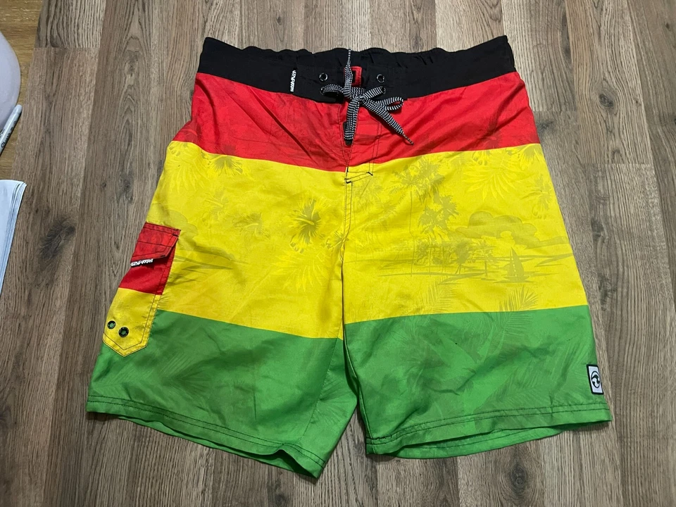 Ocean Current 短裤,男式 XL 码,红色黄色绿色,泳裤,抽绳 — 第 1/4 张图片