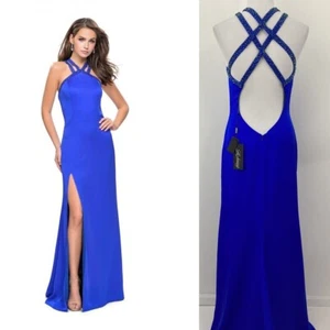 NWT La Femme Bead Trimmed High Halter Satin Prom Gown Size 8 Sapphire Blue 25906 - Picture 1 of 12