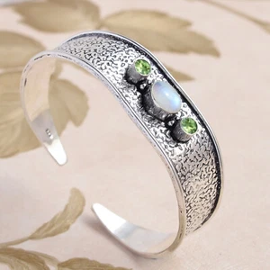 Moonstone & Peridot Cut Gemstone 925 Sterling Silver Bangle Cuff Present Gift - Picture 1 of 9