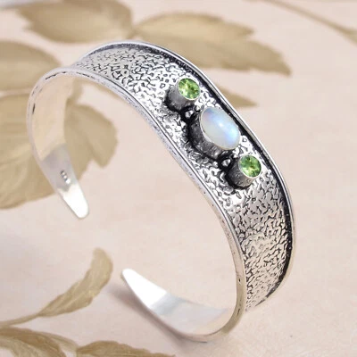 Moonstone & Peridot Cut Gemstone 925 Sterling Silver Bangle Cuff Present Gift - Image 1 of 4