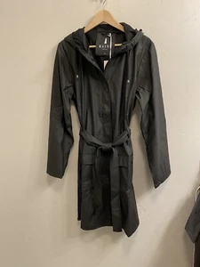 RAINS 18130 NWT Women's Sz L/XL Black Hooded Trench Coat Style Rain Jacket $140 - Picture 1 of 17
