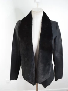 The Kooples Faux Leather Jacket Small Black Draped Open Front Moto Faux Fur - Picture 1 of 5