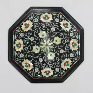 12" Black Marble table Top semi precious stones floral Inlay Handmade - Picture 1 of 3