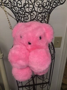 Fuzzy Pink Bear Purse Lola + The Boys? Changeable Metal Chain Soft Faux Fur Cute - Picture 1 of 16