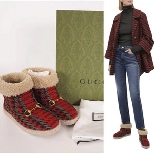 37.5 US 7 NEW $950 GUCCI Red Green HOUNDSTOOTH WOOL Gold Horsebit Ankle BOOTS - Picture 1 of 12