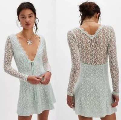 Free People Petra Lace Long Sleeve V-Neck Mini Dress Billowing Sail MEDIUM NWOT - Image 1 of 4
