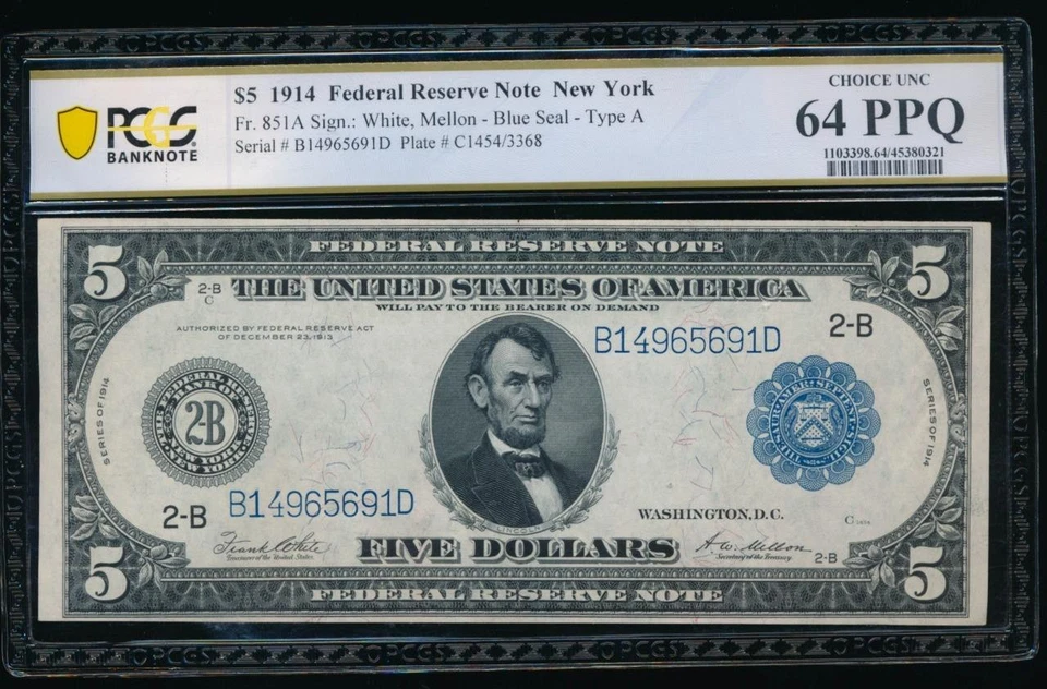AC Fr 851a 1914 $5 New York FRN PCGS 64 PPQ - Image 1 of 2