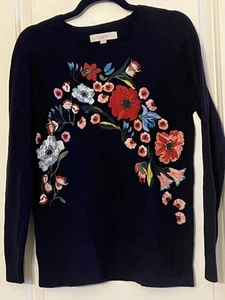 LOFT Embroidered Wool Cotton Blend Sweater Navy Blue Floral Medium Pullover - Picture 1 of 12