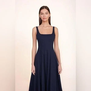 NEW STAUD Wells Stretch Cotton Sleeveless Midi Dress Navy | US 2 UK 6 - Picture 1 of 14