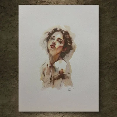 Esboço de pintura aquarela retrato feminino feminino original 8x10 - Imagem 1 de 2