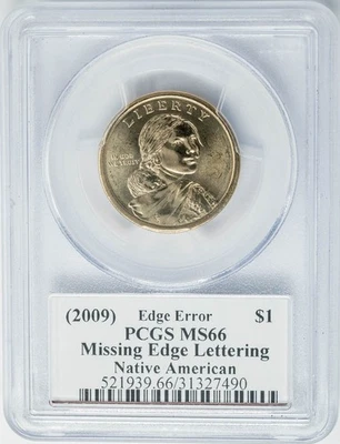 2009 Sacagawea Native American $ Error Missing Edge Lettering Moy MS66 PCGS  - Image 1 of 3