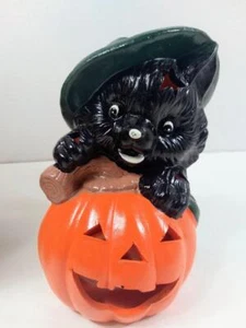 Vintage Halloween Kürbis schwarze Katze Keramik Kerzenhalter Teelicht Deko mit Box - Bild 1 von 12