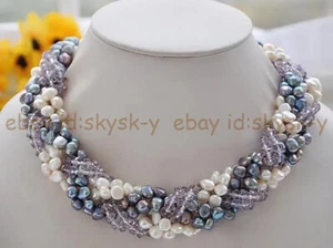 6 Strands Natural Black White Baroque Pearl Crystal Beads Necklace 20 Inch - Picture 1 of 6