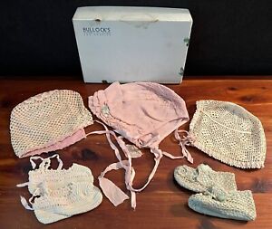 Antique Crocheted Baby Booties and Bonnets W/ Ribbons Bullock’s Box Vintage