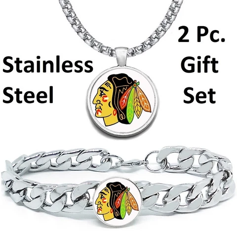 Large Chicago Blackhawks Mens 2 Pc Gift Set Hockey  Necklace with Bracelet D4D30 Cover