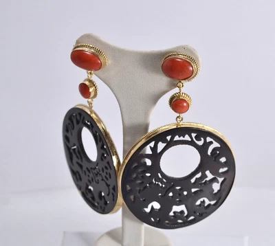 ORECCHINI ARGENTO 925 CORALLO ROSSO CREOLE CORNO TONDE                 AGHT 0835 - Immagine 1 di 3