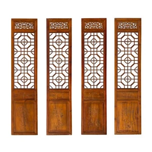 Chinese Brown Geometric Pattern Theme Wood Panel Floor Screen 4pcs cs7558 - Picture 1 of 6