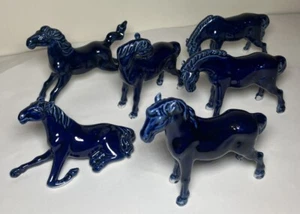 Vintage Asian Blue Porcelain Horses Full set of 6 Pcs Made In China 1960's (3”) - Picture 1 of 12