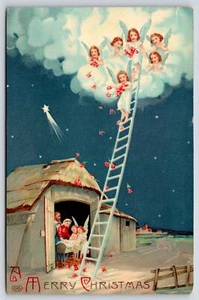 EAS Christmas~Angel Girls Descending Ladder From Heaven~Nativity At Night~GEL - Picture 1 of 2