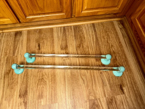 set 2 Vintage 40s thick glass Towel Bar w jadeite green ceramic Ends Rare! Cover