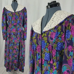 Vtg Classics by Leslie Fay Purp/Blue/Magenta Floral Dress w Lace Collar Size 14 - Picture 1 of 22
