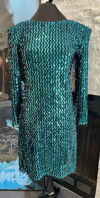 Vintage 80s Green Sequin Holiday Party Dress Open Back Bead Frindge Strechy  - Image 1 of 4